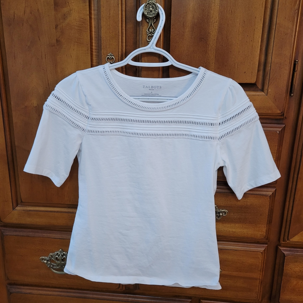 Talbots White Short Sleeve Eyelet Trim Tee
